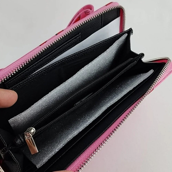 Betsey Johnson Clutch Wallet Zip Around Barbie Pink Lipstick Bow Faux Leather - Picture 11 of 16